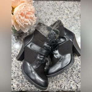 Sleek Black and Gray Ankle Booties with Buckle and Chunky Heel